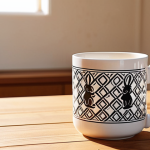 **
    "A close-up, high-definition shot of a beautifully crafted coffee mug, prominently featuring the beloved Kongji Rabbit character intertwined with elegant, contemporary Arabic geometric patterns. The mug sits on a minimalist, light-colored wooden table in a sunlit, modern living space, evoking a sense of daily joy and the elevated artistic value of an everyday item. Soft, warm lighting, shallow depth of field, photorealistic, inviting atmosphere, clean aesthetic."

2.  **Prompt for