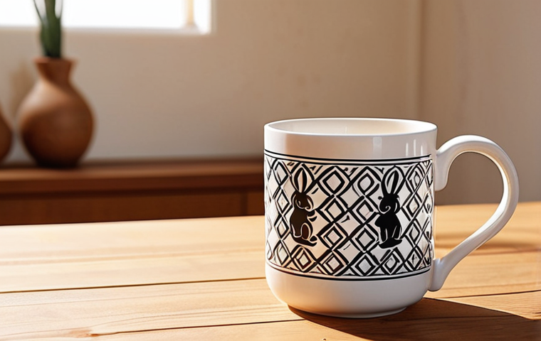 **
"A close-up, high-definition shot of a beautifully crafted coffee mug, prominently featuring the beloved Kongji Rabbit character intertwined with elegant, contemporary Arabic geometric patterns. The mug sits on a minimalist, light-colored wooden table in a sunlit, modern living space, evoking a sense of daily joy and the elevated artistic value of an everyday item. Soft, warm lighting, shallow depth of field, photorealistic, inviting atmosphere, clean aesthetic."
2. **Prompt for