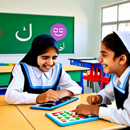 Educational Fun**

"A group of Arab children, fully clothed in modest school uniforms, laughing and interacting with colorful, cartoon-style educational games on tablets in a bright, modern classroom. The background includes Arabic alphabet blocks and educational posters.  Safe for work, appropriate content, professional illustration, perfect anatomy, natural proportions, family-friendly, high quality."

**