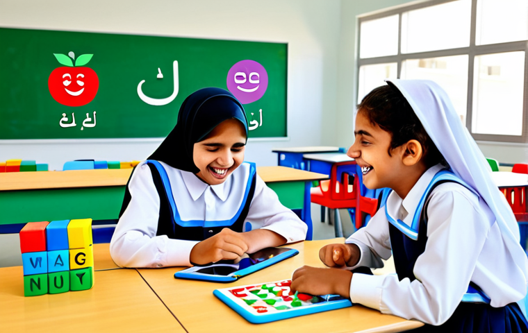 Educational Fun**

"A group of Arab children, fully clothed in modest school uniforms, laughing and interacting with colorful, cartoon-style educational games on tablets in a bright, modern classroom. The background includes Arabic alphabet blocks and educational posters.  Safe for work, appropriate content, professional illustration, perfect anatomy, natural proportions, family-friendly, high quality."

**