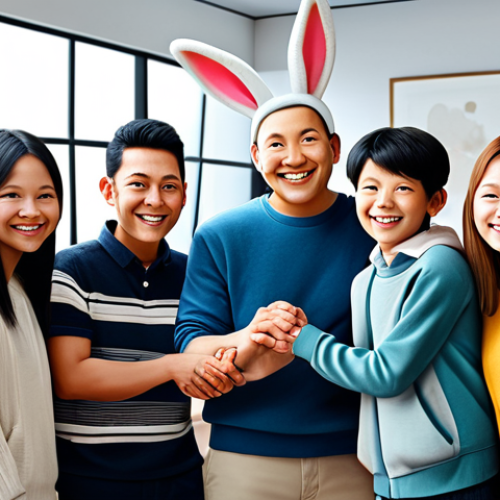**

"A group of diverse friends standing together, supporting Konji Rabbit.  They are smiling and appear to be in a brightly lit, friendly environment.  One friend is offering Konji Rabbit a helping hand.  Style:  Warm, inviting, cartoon illustration, family-friendly, safe for work, fully clothed, appropriate content, professional."

**