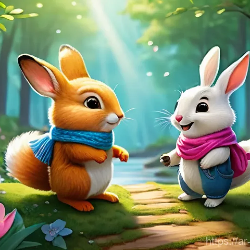 콩지래빗 애니메이션 - **Prompt 1: "A group of diverse and cheerful animal friends, led by the kind rabbit Konji, are playi...