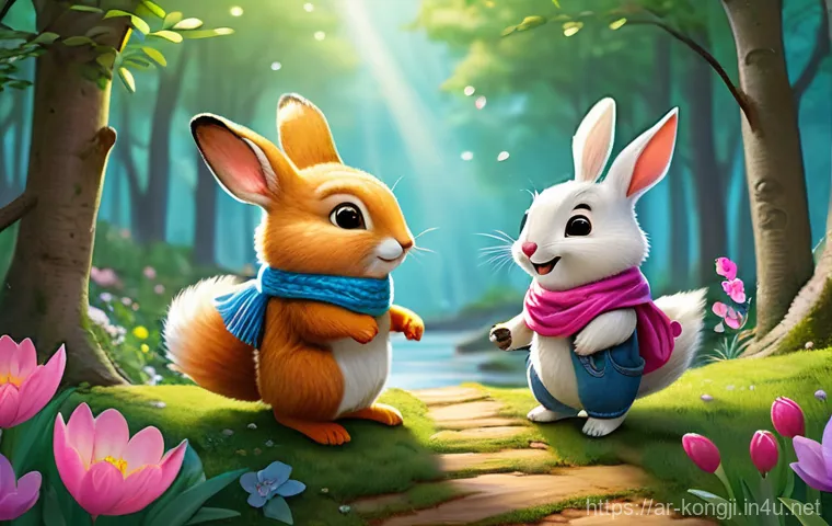콩지래빗 애니메이션 - **Prompt 1: "A group of diverse and cheerful animal friends, led by the kind rabbit Konji, are playi...
