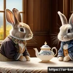 콩지래빗의 비평 및 논란 - A whimsical illustration depicting a charming rabbit family (father, mother, and two children, all a...