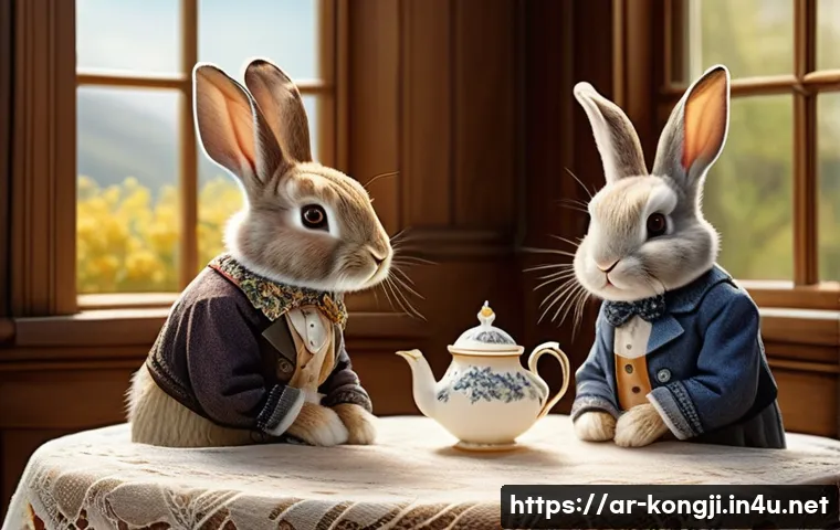콩지래빗의 비평 및 논란 - A whimsical illustration depicting a charming rabbit family (father, mother, and two children, all a...