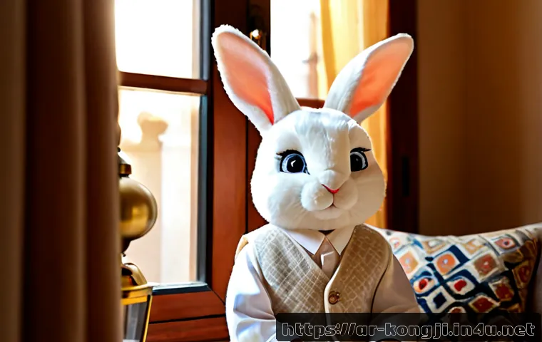 콩지래빗 캐릭터 디자인 - Photorealistic original white rabbit character mascot, round gentle face, soft plush fur, small upri...